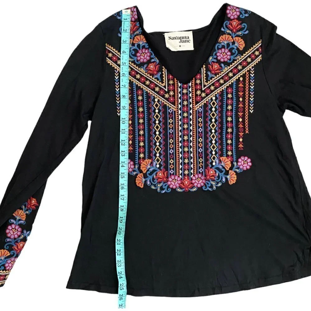 Savanna Jane Maci Embroidered Long Sleeve Boho Top Size Medium